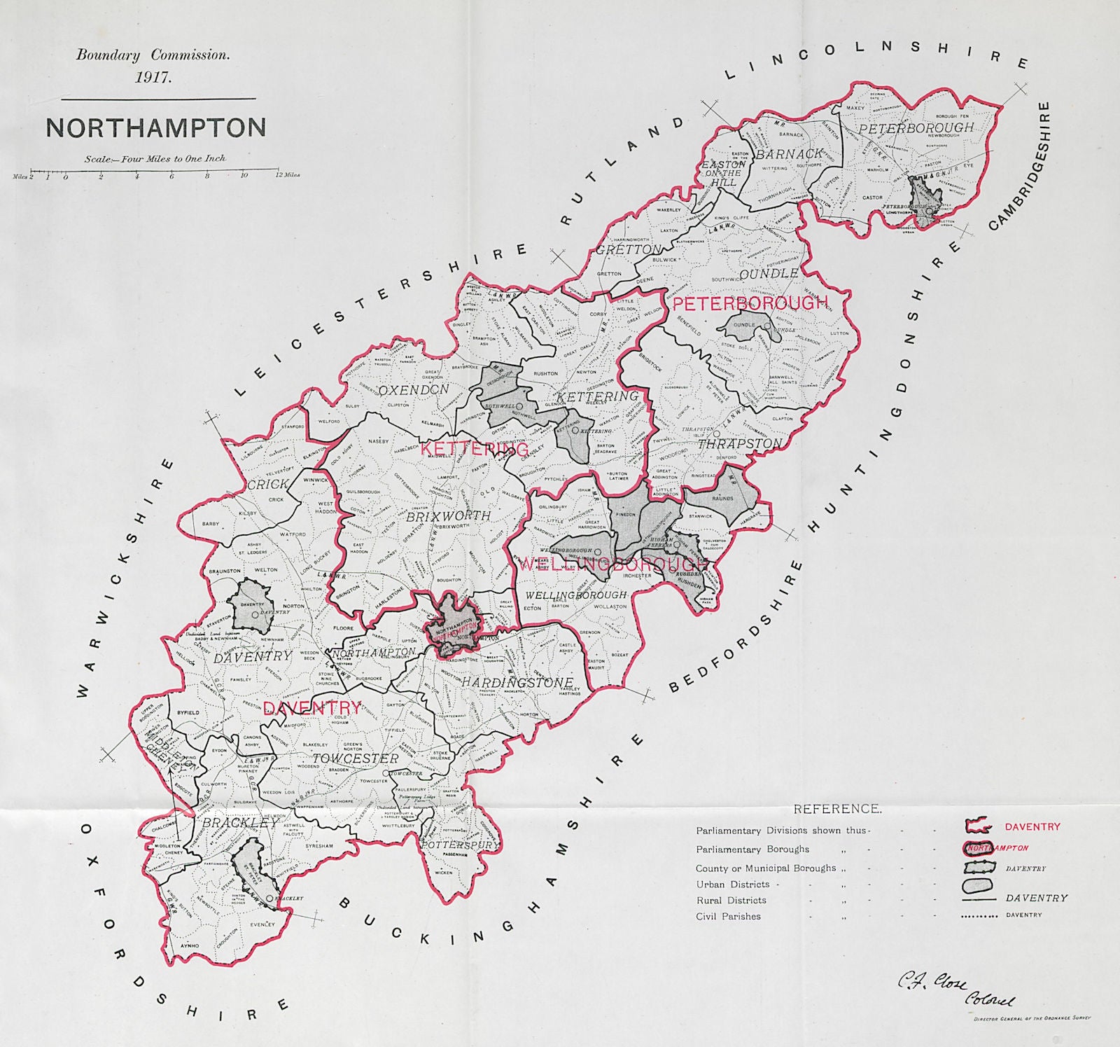 Northamptonshire Parliamentary County. BOUNDARY COMMISSION. Close 1917 old map